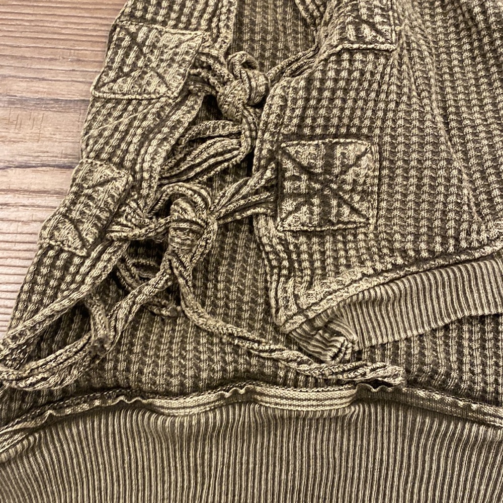 Olive Green Waffle Knit Long Sleeve Tie Top- FP ONE - Picture 2 of 7